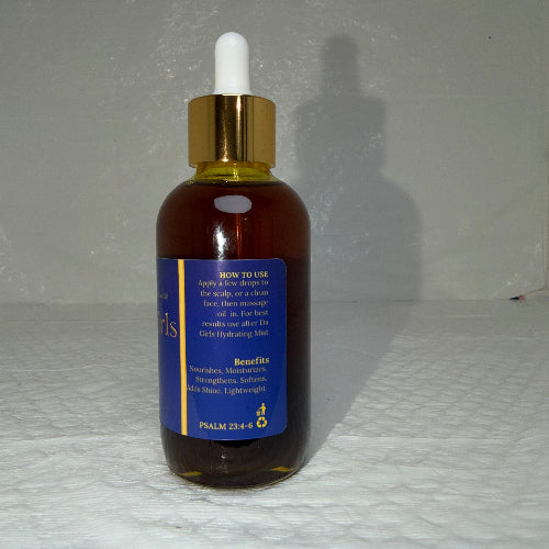 Brown bottle with gold cap and blue label on a white surface with product benefits
