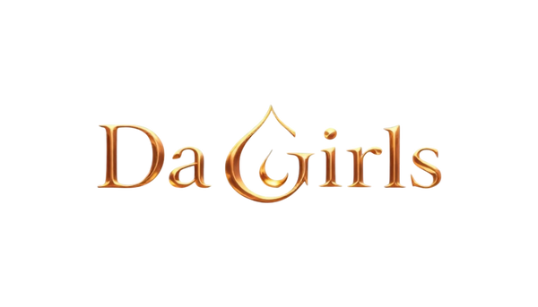 Gold 'Da Girls' logo with white transparent background.