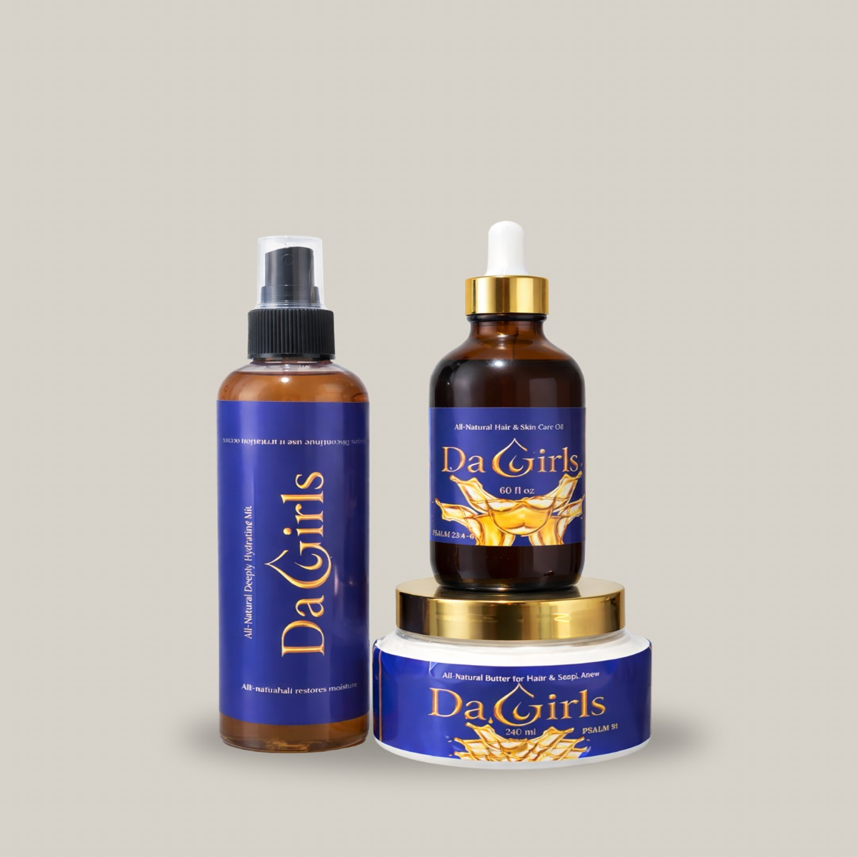 Three 'Da Girls' hair care products on a light gray background