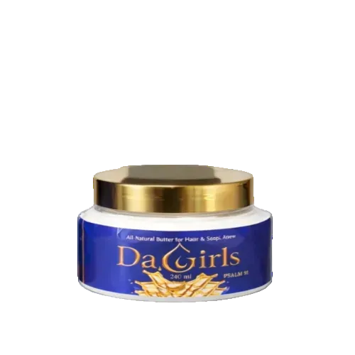 Jar of 'Da Girls' product with a gold lid on a gray background