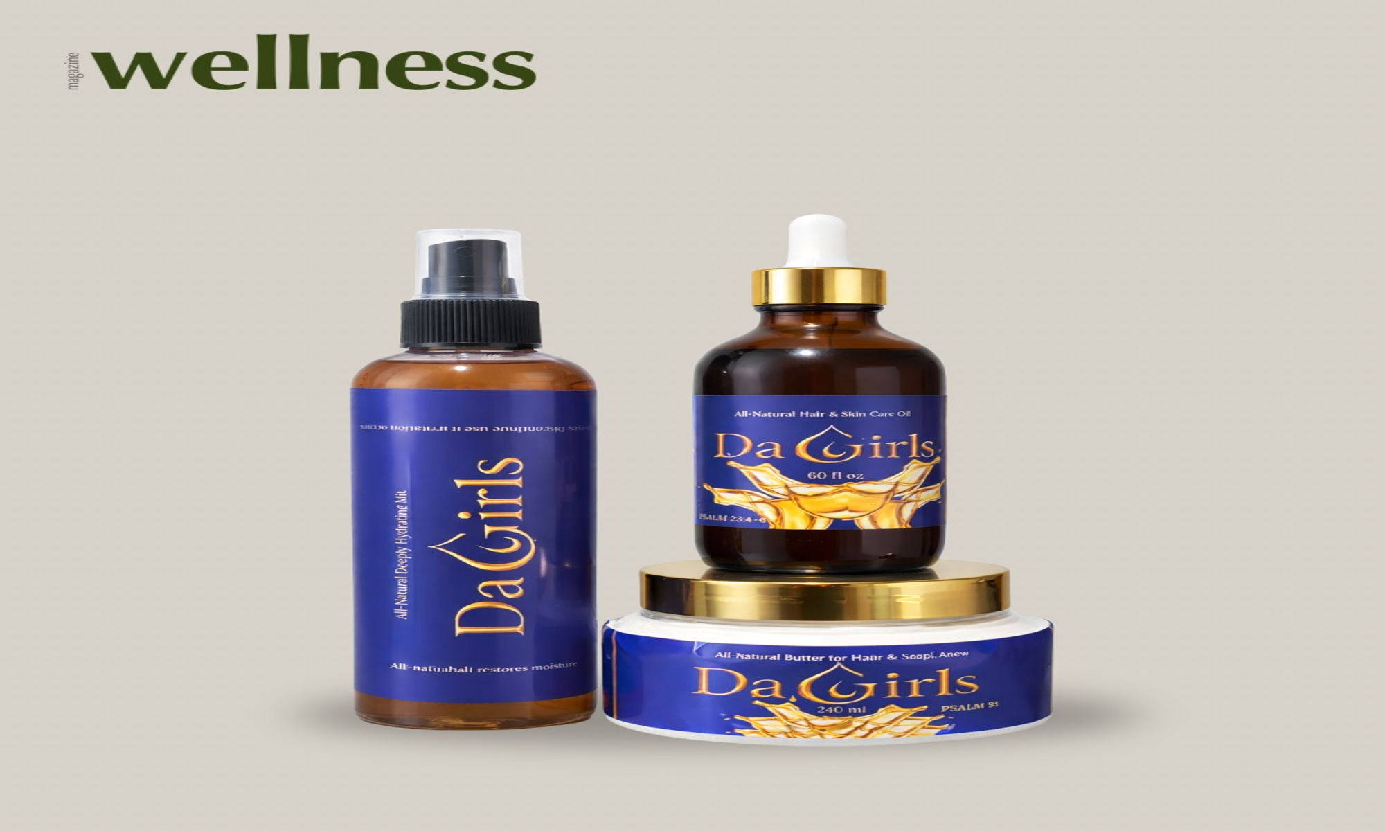 Three 'Da Girls' wellness products on a light gray background with 'wellness' text. Da Girls self care products featured in Wellness magazine.