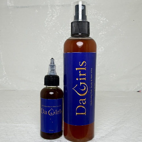 Two bottles with blue labels and black nozzles on a white textured surface